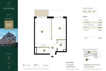 Rzut - Mieszkanie na sprzedaż 2 pokoje o powierzchni 44,34 m² - numer 69 w Rezydencja Świerkowa