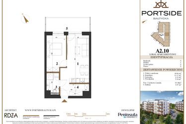 Rzut - Mieszkanie na sprzedaż 2 pokoje o powierzchni 39,48 m² - numer A2.10 w Portside Bałtycka