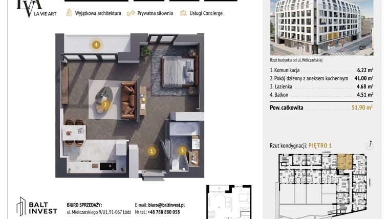 Rzut - Mieszkanie na sprzedaż 1 pokój o powierzchni 51,9 m² - numer M1.9 w La Vie Art