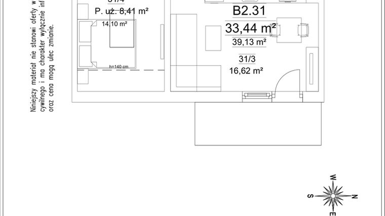 Rzut - Mieszkanie na sprzedaż 2 pokoje o powierzchni 33,44 m² - numer B2.31 w Osiedle Versus