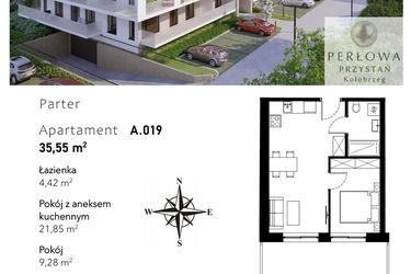 Rzut - Mieszkanie na sprzedaż 2 pokoje o powierzchni 35,55 m² - numer A.019 w Perłowa Przystań - Kołobrzeg - etap II