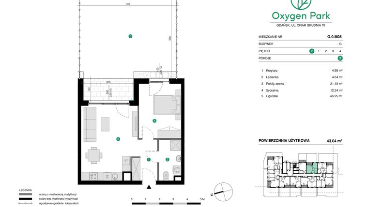 Rzut - Mieszkanie na sprzedaż 2 pokoje o powierzchni 43,04 m² - numer G.0.M08 w Oxygen Park etap III