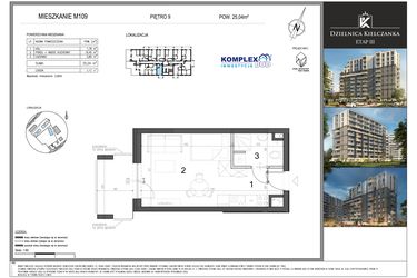 Rzut - Mieszkanie na sprzedaż 1 pokój o powierzchni 25,04 m² - numer M109 w Dzielnica Kielczanka etap III