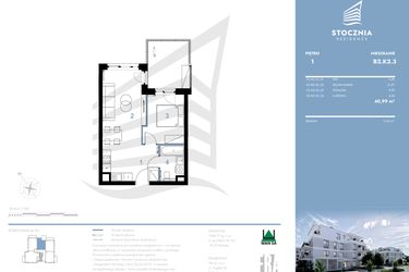 Rzut - Mieszkanie na sprzedaż 2 pokoje o powierzchni 40,99 m² - numer B2.K2.3 w Stocznia Residence