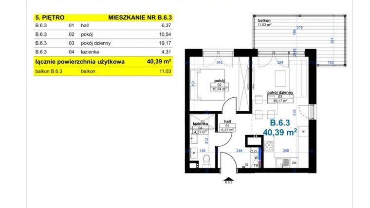 Rzut - Mieszkanie na sprzedaż 2 pokoje o powierzchni 40,39 m² - numer B 6.3 w Park Moniuszki II budynek B