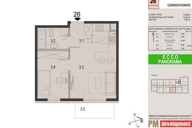 Rzut - Mieszkanie na sprzedaż 2 pokoje o powierzchni 33,4 m² - numer 26C w Ecco Panorama etap II budynki C, D
