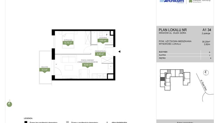 Rzut - Mieszkanie na sprzedaż 2 pokoje o powierzchni 35,2 m² - numer A1 34 w Zakątek Telimeny