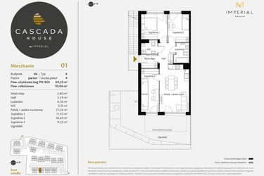 Rzut - Mieszkanie na sprzedaż 4 pokoje o powierzchni 69,49 m² - numer 6.1 w CASCADA House