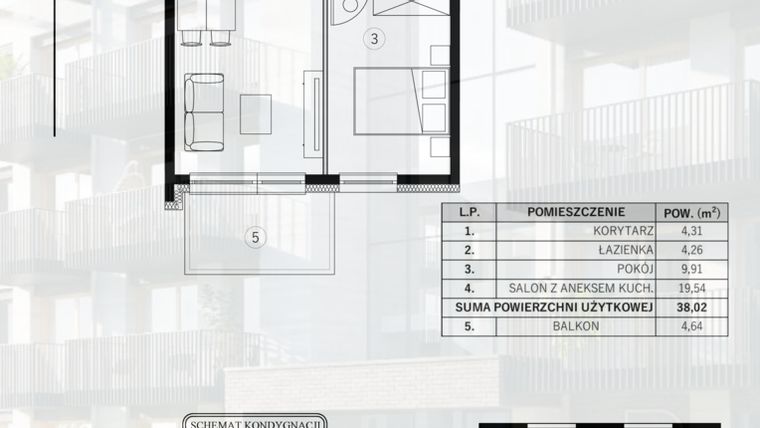 Rzut - Mieszkanie na sprzedaż 2 pokoje o powierzchni 38,02 m² - numer 49 w Młody Straszyn Park VI - bud. B