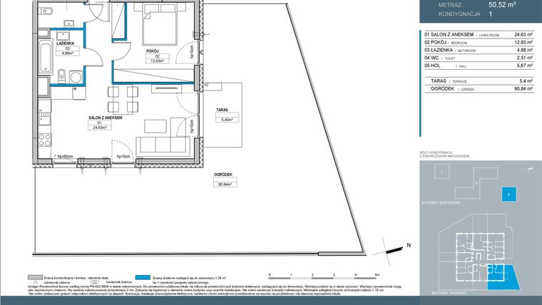 Rzut - Mieszkanie na sprzedaż 2 pokoje o powierzchni 50,52 m² - numer E.1.01 w Nordic Bemowo - etap IV