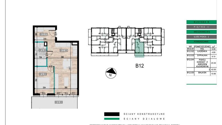 Rzut - Mieszkanie na sprzedaż 2 pokoje o powierzchni 42,48 m² - numer B12 w Lwowska 14