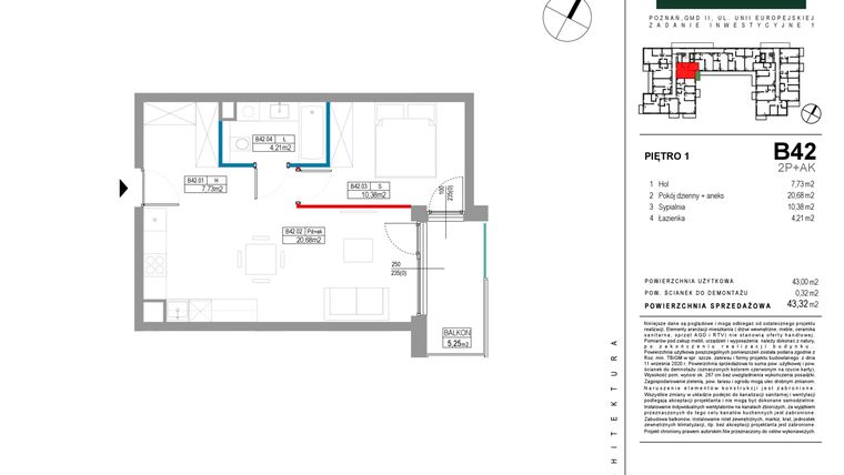 Rzut - Mieszkanie na sprzedaż 2 pokoje o powierzchni 43 m² - numer B042 w Grunwald Między Drzewami etap II