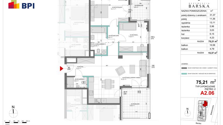 Rzut - Mieszkanie na sprzedaż 3 pokoje o powierzchni 75,21 m² - numer A2.06 w Rezydencja Barska