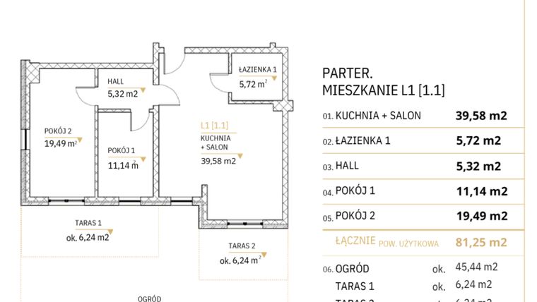 Rzut - Mieszkanie na sprzedaż 3 pokoje o powierzchni 81,25 m² - numer L1-1.1 w Zimowa Apartamenty