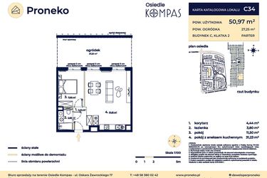 Rzut - Mieszkanie na sprzedaż 2 pokoje o powierzchni 50,97 m² - numer C34 w Osiedle Kompas