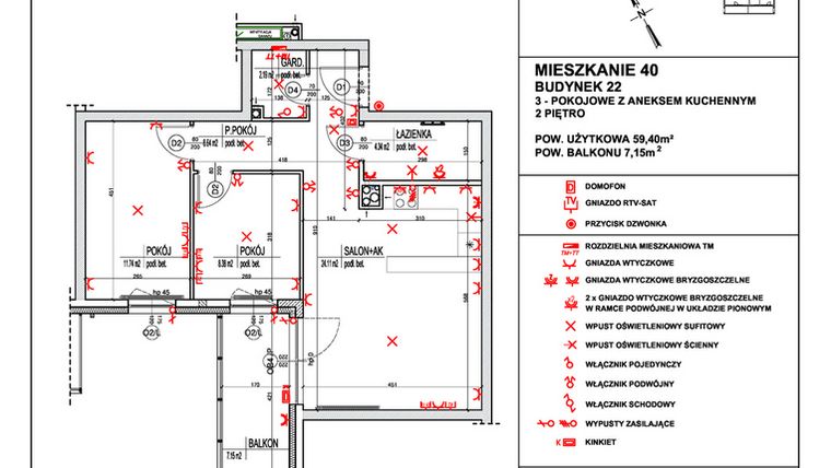 Rzut - Mieszkanie na sprzedaż 3 pokoje o powierzchni 59,4 m² - numer 40 w Osiedle 4 Pory Roku - Etap VIII