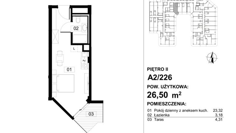 Rzut - Mieszkanie na sprzedaż 1 pokój o powierzchni 26,7 m² - numer 226 w Apollo Resort