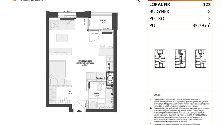 Rzut - Mieszkanie na sprzedaż 1 pokój o powierzchni 33,79 m² - numer G.122 w DOKI etap II (bud. G)