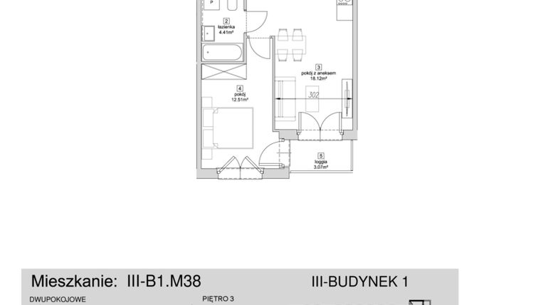 Rzut - Mieszkanie na sprzedaż 2 pokoje o powierzchni 40,48 m² - numer III-B1.M38 w Strefa Cegielnia 3