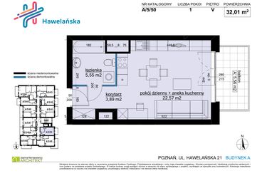 Rzut - Mieszkanie na sprzedaż 1 pokój o powierzchni 32,01 m² - numer A/5/50 w Osiedle Hawelańska etap III - bud. A