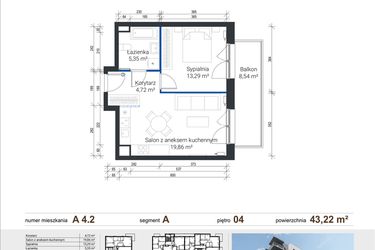 Rzut - Mieszkanie na sprzedaż 2 pokoje o powierzchni 43,22 m² - numer A 4.2 w Nowe Zabłocie