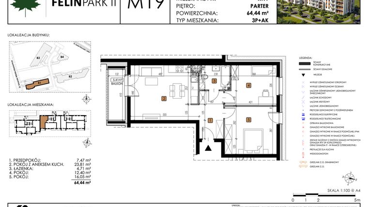 Rzut - Mieszkanie na sprzedaż 3 pokoje o powierzchni 64,42 m² - numer M19 w Felin Park II