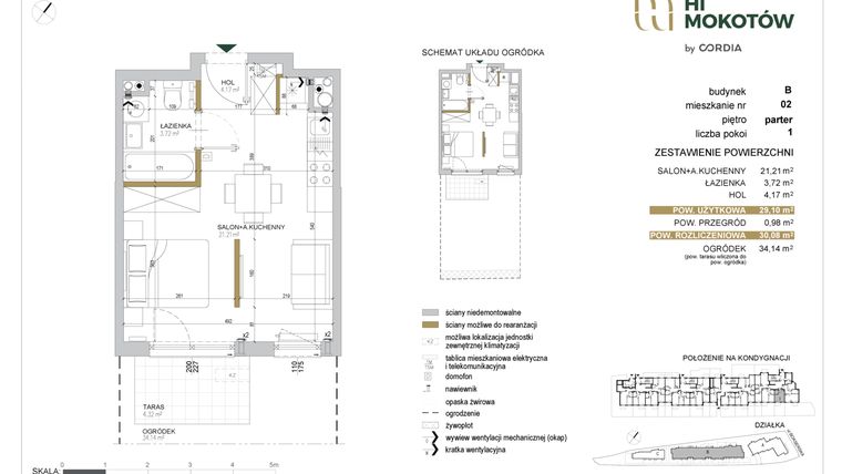 Rzut - Mieszkanie na sprzedaż 1 pokój o powierzchni 29,1 m² - numer A1.B.02 w Hi Mokotów