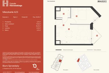 Rzut - Mieszkanie na sprzedaż 2 pokoje o powierzchni 33,09 m² - numer A23 w Osiedle Hierowskiego