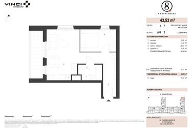 Rzut - Mieszkanie na sprzedaż 2 pokoje o powierzchni 43,53 m² - numer A/4/1.7 w Smardzewska 8