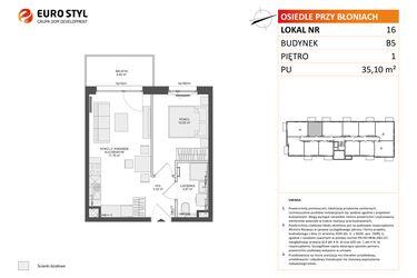 Rzut - Mieszkanie na sprzedaż 2 pokoje o powierzchni 35,1 m² - numer B5.16 w Osiedle Przy Błoniach 3 etap IV