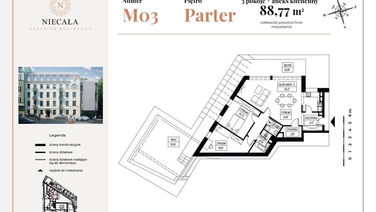 Rzut - Mieszkanie na sprzedaż 3 pokoje o powierzchni 88,77 m² - numer 3 w Niecała Prestige Residence