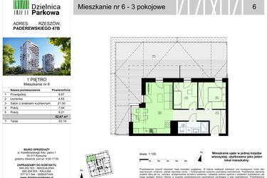 Rzut - Mieszkanie na sprzedaż 3 pokoje o powierzchni 52,43 m² - numer 6/B7 w Dzielnica Parkowa VII