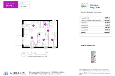 Rzut - Mieszkanie na sprzedaż 4 pokoje o powierzchni 54,83 m² - numer 3.A.1.04 w Murapol Trzy Lipki etap II