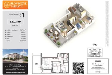 Rzut - Mieszkanie na sprzedaż 3 pokoje o powierzchni 52,03 m² - numer 1 w Słoneczne Tarasy II etap 2