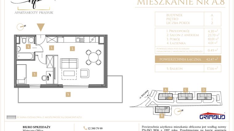 Rzut - Mieszkanie na sprzedaż 2 pokoje o powierzchni 42,47 m² - numer A.8 w Apartamenty Prądnik