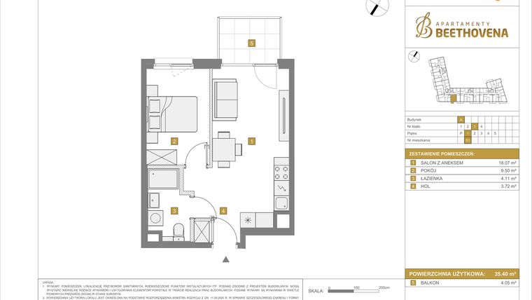 Rzut - Mieszkanie na sprzedaż 2 pokoje o powierzchni 35,4 m² - numer A51 w Apartamenty Beethovena