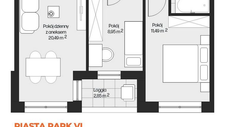Rzut - Mieszkanie na sprzedaż 3 pokoje o powierzchni 49,62 m² - numer G1-53 w Piasta Park VI