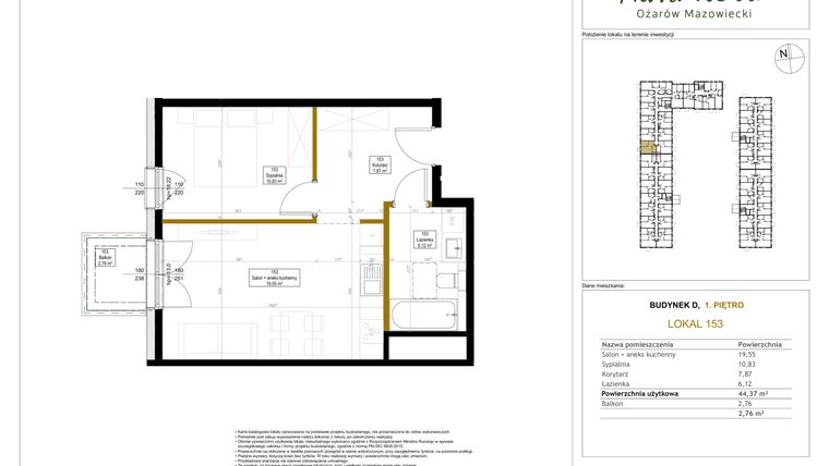 Rzut - Mieszkanie na sprzedaż 2 pokoje o powierzchni 44,37 m² - numer 153 w Aura Nova etap II