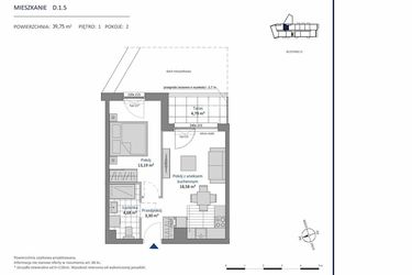 Rzut - Mieszkanie na sprzedaż 2 pokoje o powierzchni 39,75 m² - numer D.1.5 w Nowa Dąbrowa bud. DE