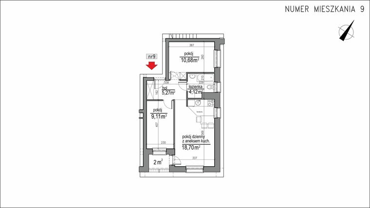 Rzut - Mieszkanie na sprzedaż 3 pokoje o powierzchni 47,88 m² - numer 1m.9 w Osiedle Rytm