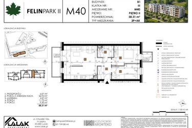 Rzut - Mieszkanie na sprzedaż 3 pokoje o powierzchni 58,31 m² - numer B1.M40 w Felin Park II
