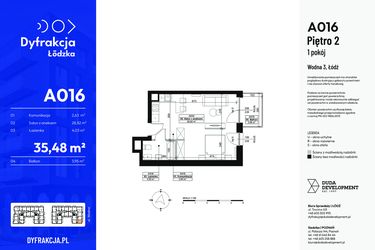 Rzut - Mieszkanie na sprzedaż 1 pokój o powierzchni 35,48 m² - numer A016 w Dyfrakcja Łódzka