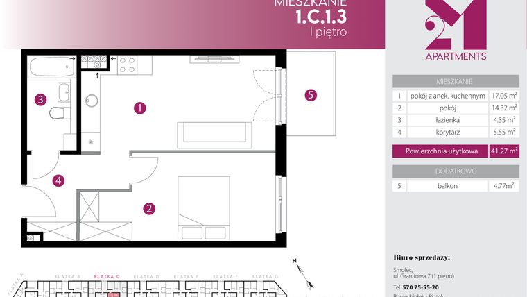 Rzut - Mieszkanie na sprzedaż 2 pokoje o powierzchni 41,27 m² - numer 1.C.1.3 w Maślice Wrocław Milo Dobry Deweloper etap IV
