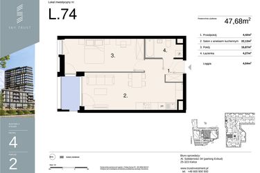 Rzut - Mieszkanie na sprzedaż 2 pokoje o powierzchni 47,68 m² - numer L74 w Sky Trust etap II - apartamenty inwestycyjne 23% VAT PRS