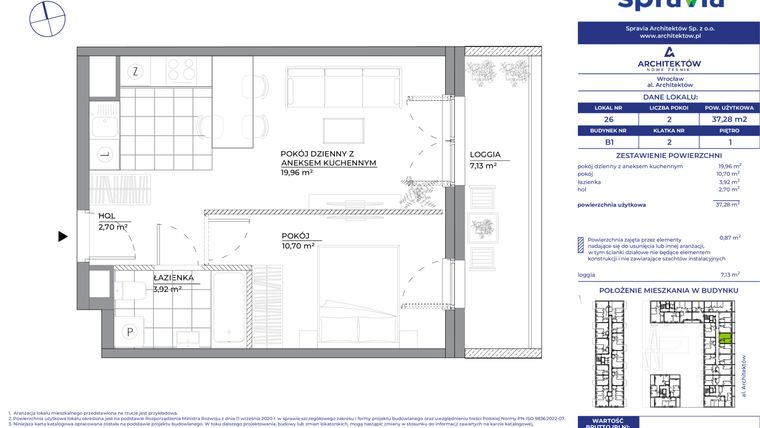 Rzut - Mieszkanie na sprzedaż 2 pokoje o powierzchni 37,28 m² - numer B1_26 w Architektów