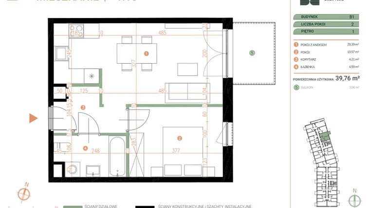 Rzut - Mieszkanie na sprzedaż 2 pokoje o powierzchni 39,76 m² - numer M.01.15 w Casa Feliz Portowa II
