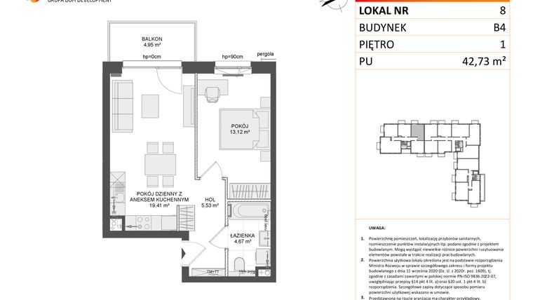 Rzut - Mieszkanie na sprzedaż 2 pokoje o powierzchni 42,73 m² - numer B4.8 w Osiedle Przy Błoniach 3 etap III