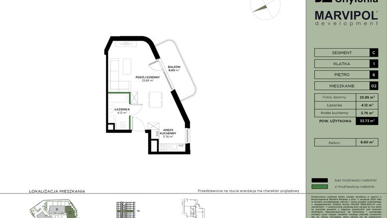 Rzut - Mieszkanie na sprzedaż 1 pokój o powierzchni 33,73 m² - numer C-6-02 w Nowa Chylonia