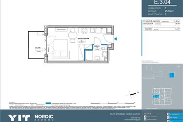 Rzut - Mieszkanie na sprzedaż 1 pokój o powierzchni 25,94 m² - numer E.3.04 w Nordic Bemowo - etap IV