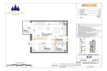 Rzut - Mieszkanie na sprzedaż 2 pokoje o powierzchni 43,58 m² - numer B.27 w Forest Park Kajetany
